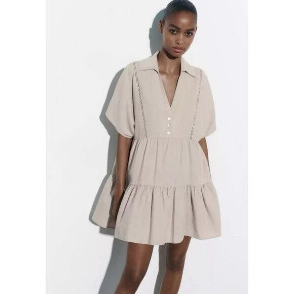 Zara Lace Trim Linin Blend Mini Dress Sand Size Medium Collared Short Sleeve - Picture 1 of 8